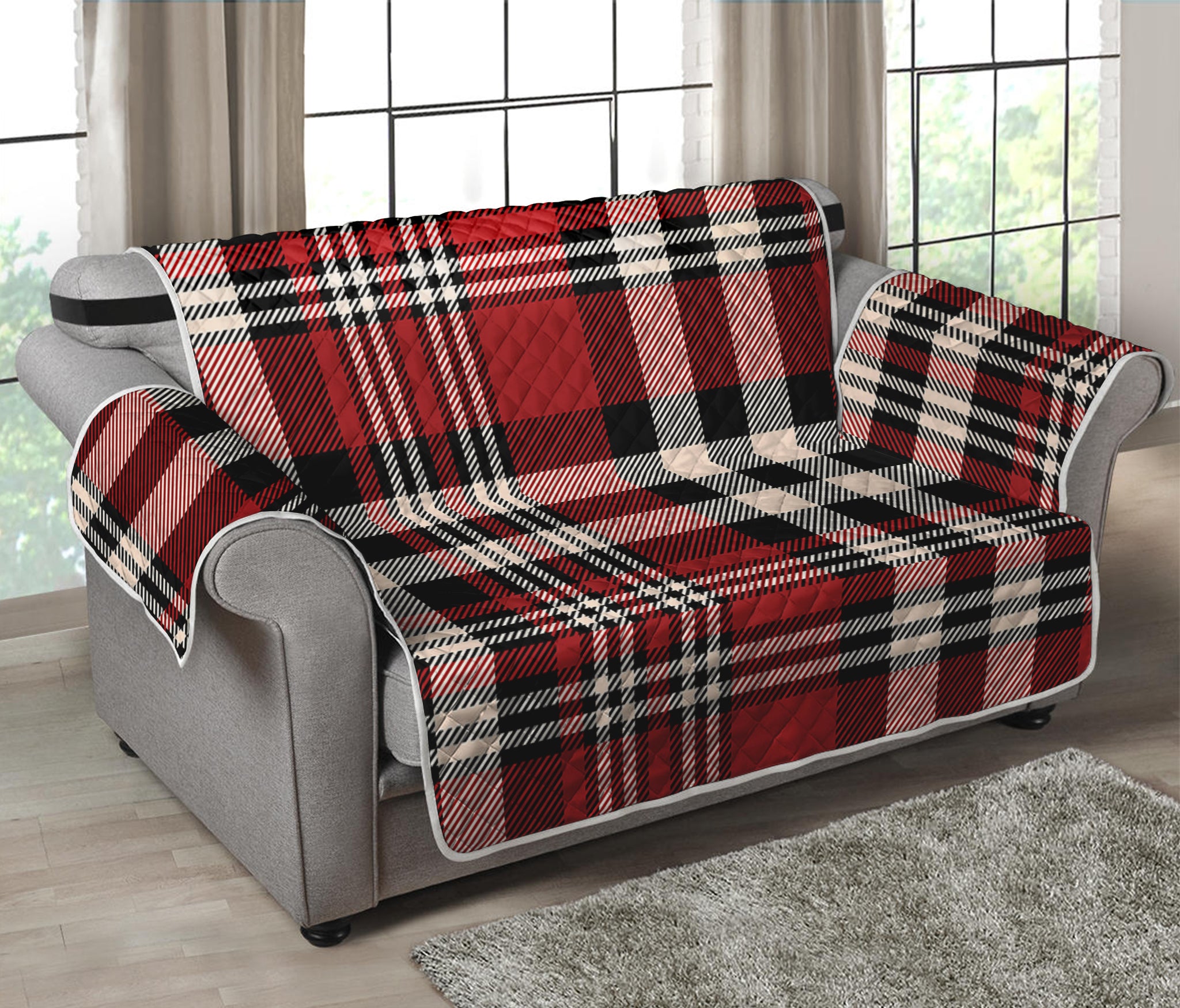 Red Black And White Border Tartan Print Loveseat Protector