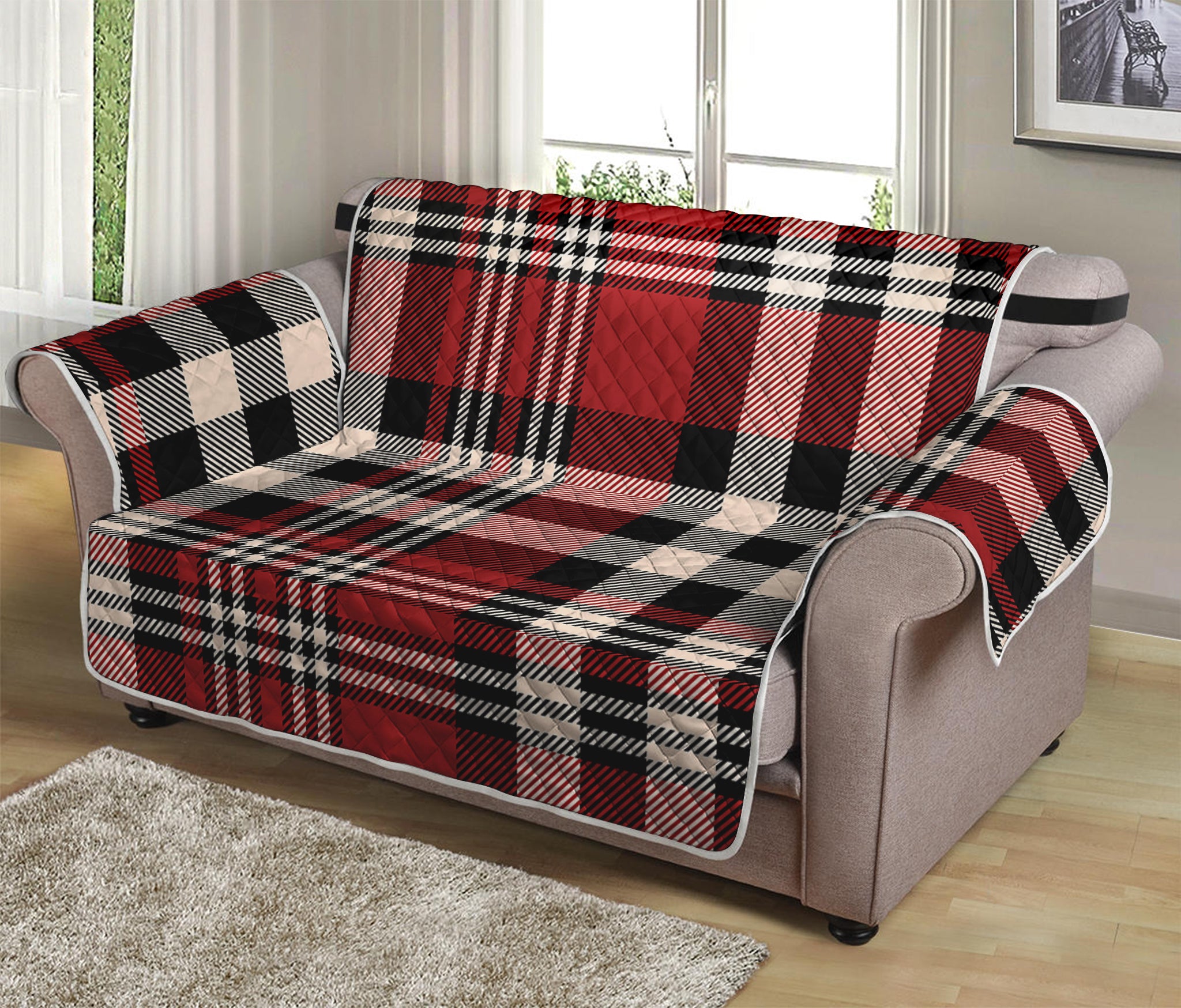 Red Black And White Border Tartan Print Loveseat Protector