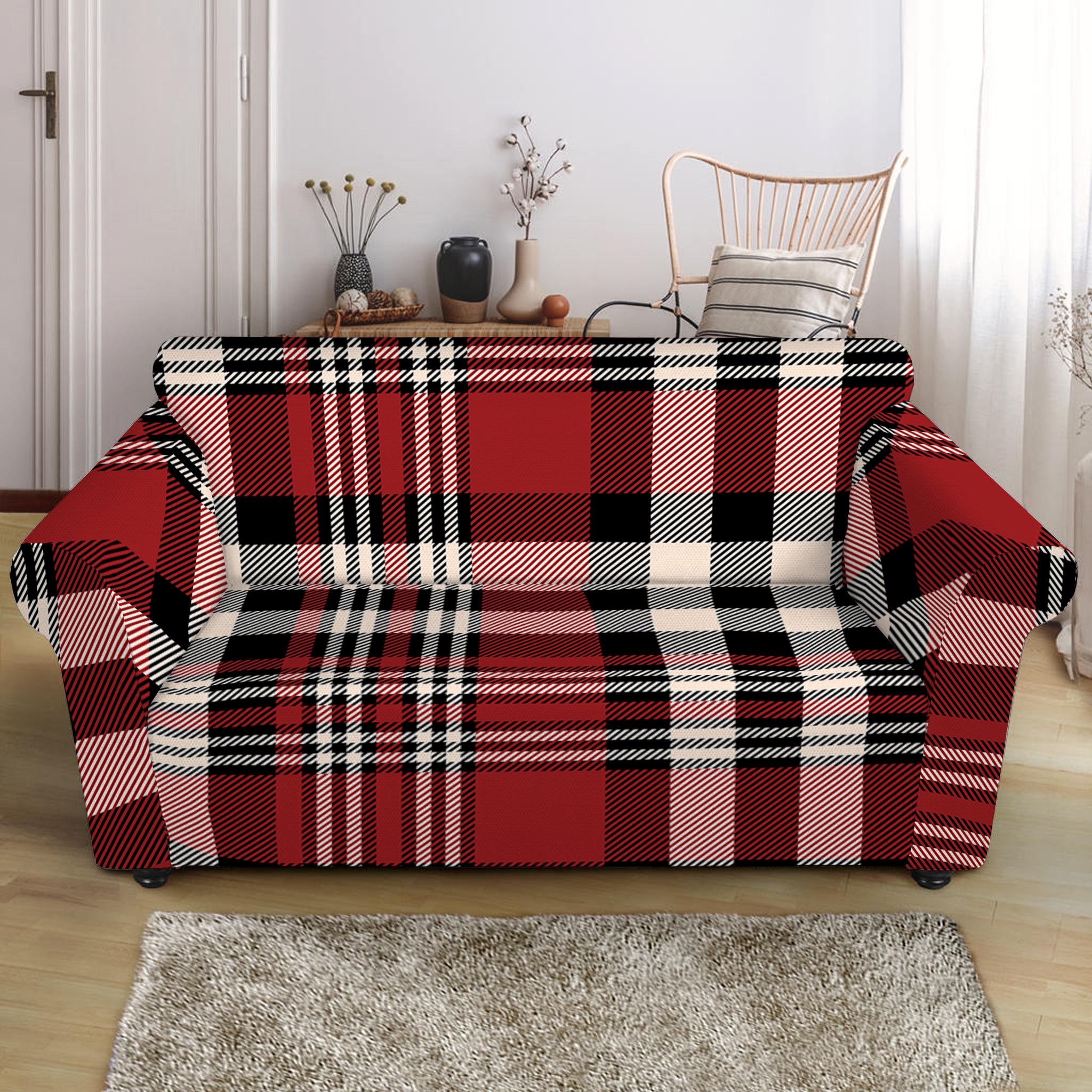 Red Black And White Border Tartan Print Loveseat Slipcover