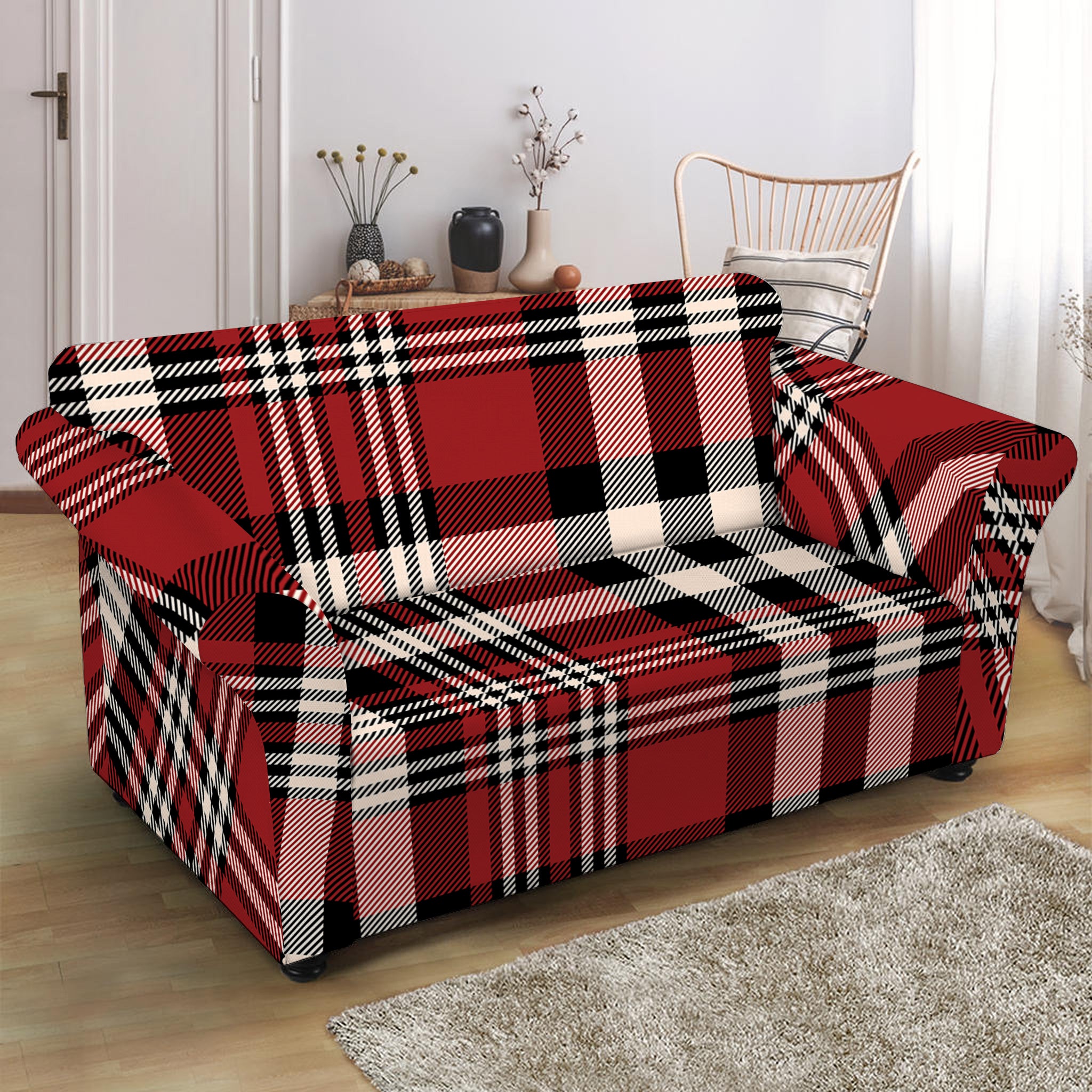 Red Black And White Border Tartan Print Loveseat Slipcover