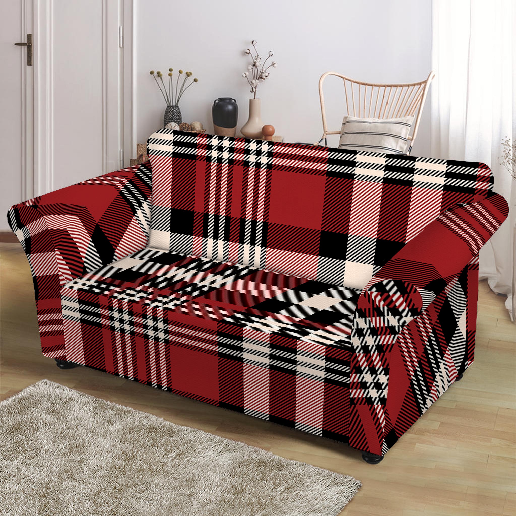 Red Black And White Border Tartan Print Loveseat Slipcover