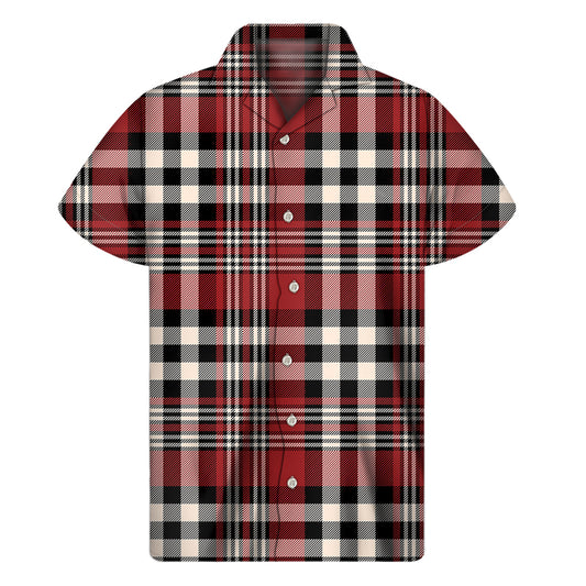 Red Black And White Border Tartan Print Men's Short Sleeve Shirt