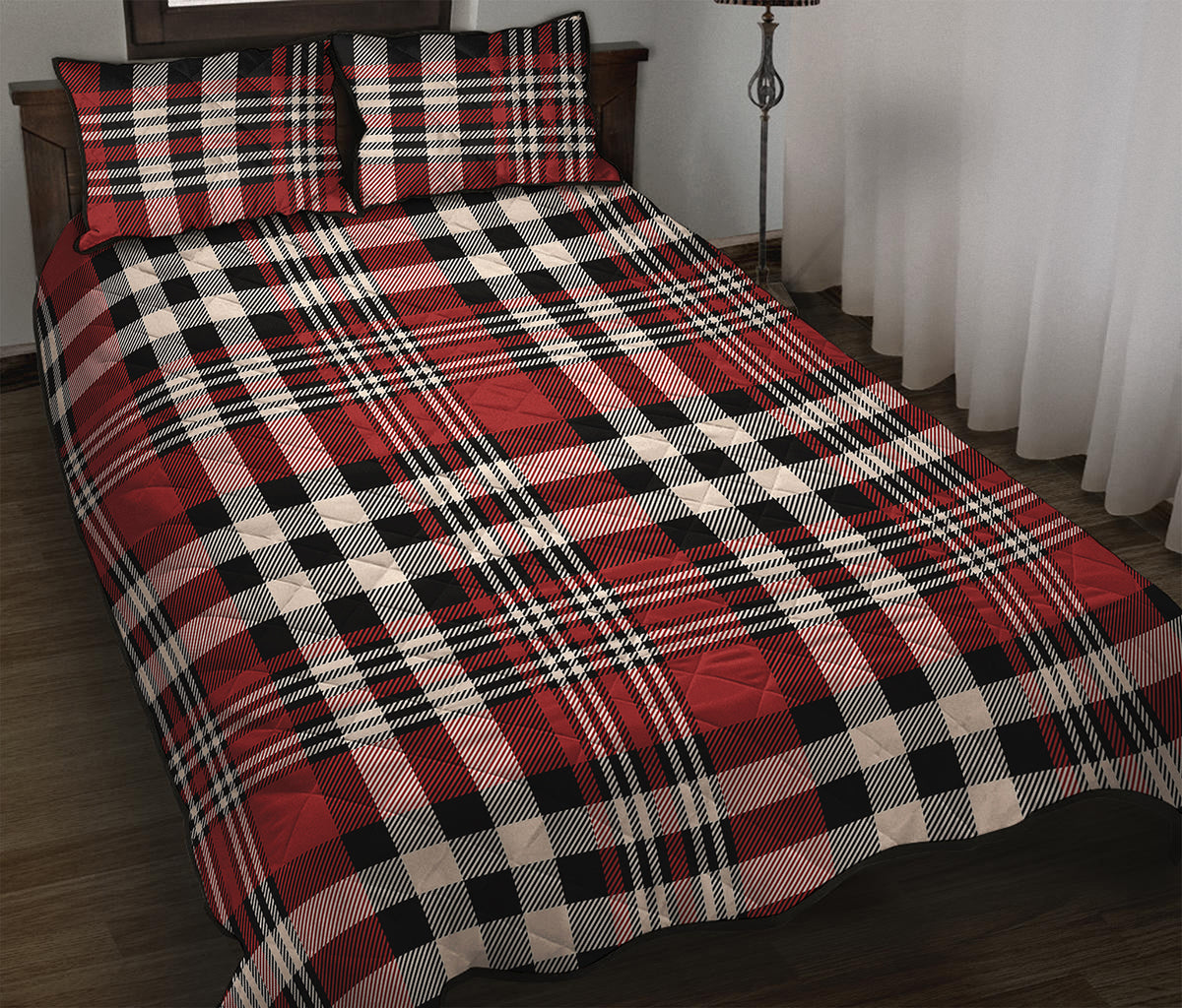 Red Black And White Border Tartan Print Quilt Bed Set