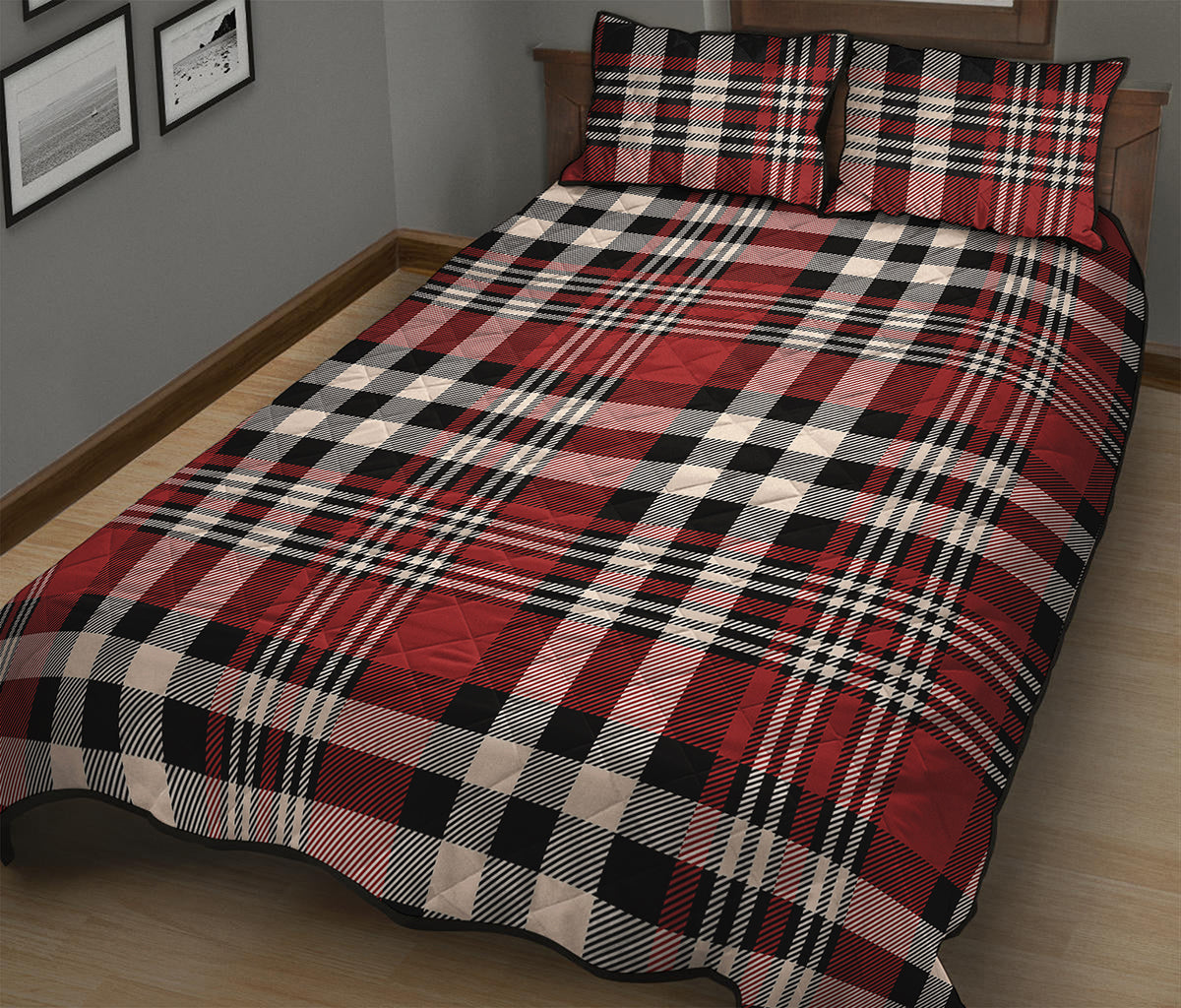 Red Black And White Border Tartan Print Quilt Bed Set