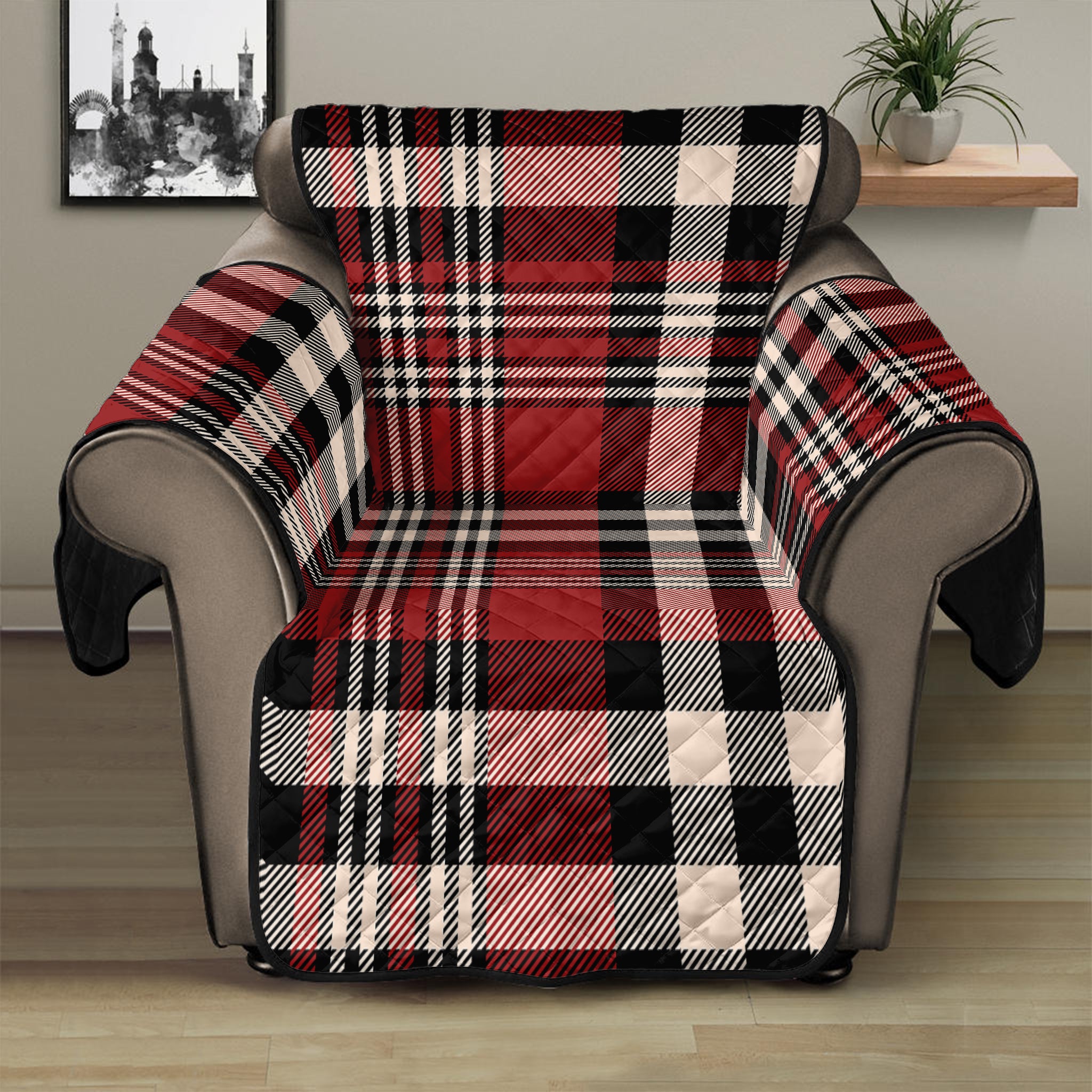 Red Black And White Border Tartan Print Recliner Protector