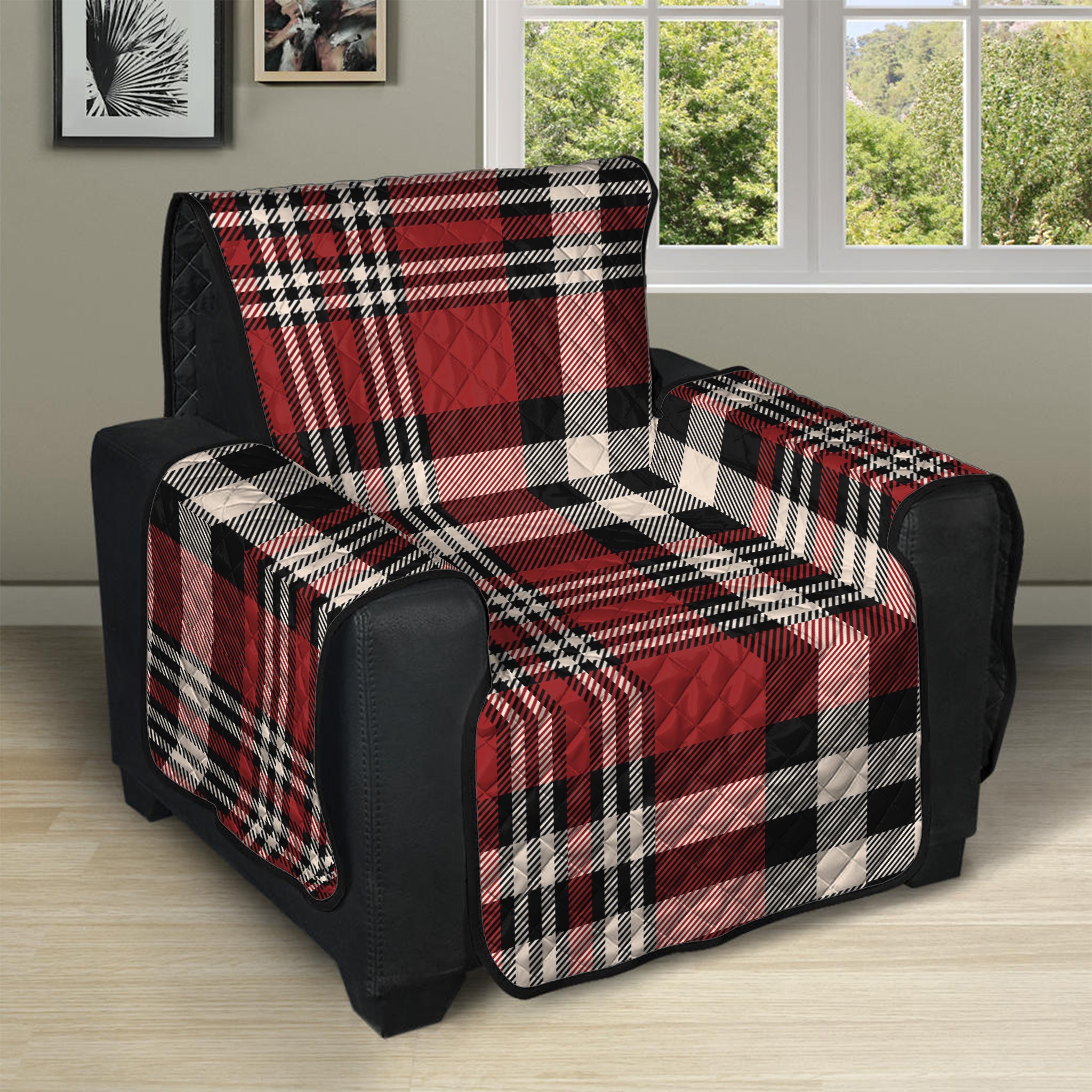 Red Black And White Border Tartan Print Recliner Protector