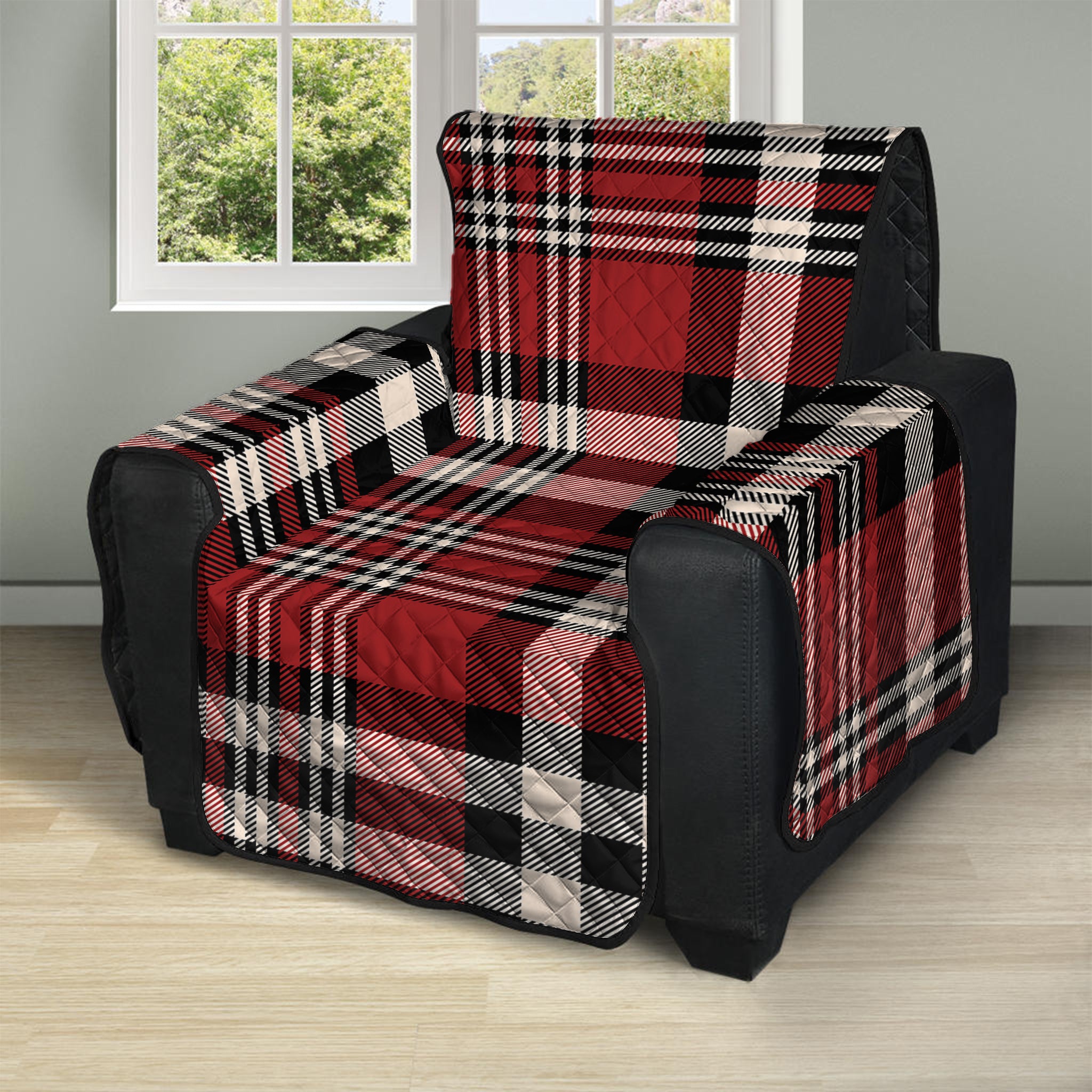 Red Black And White Border Tartan Print Recliner Protector