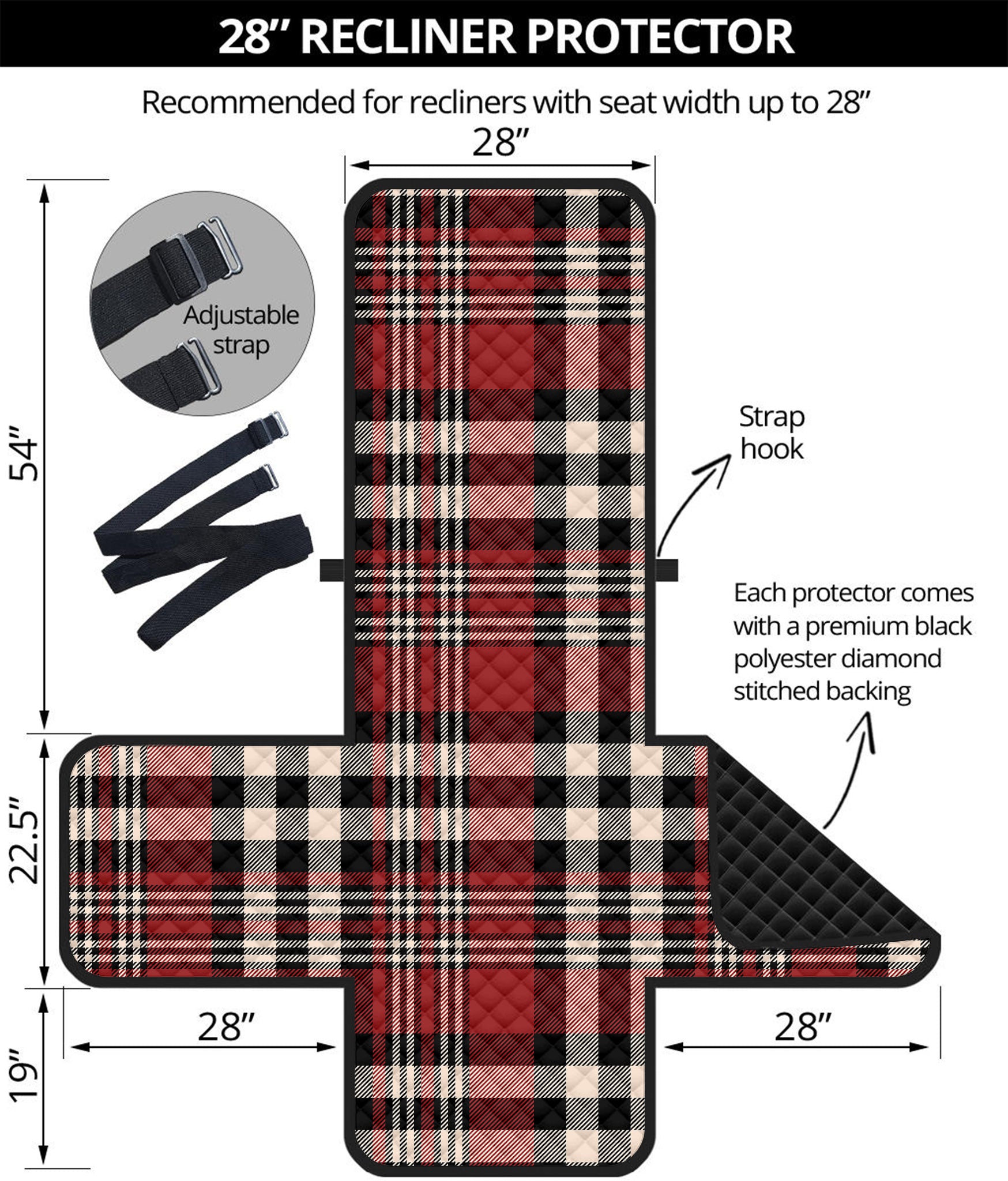 Red Black And White Border Tartan Print Recliner Protector