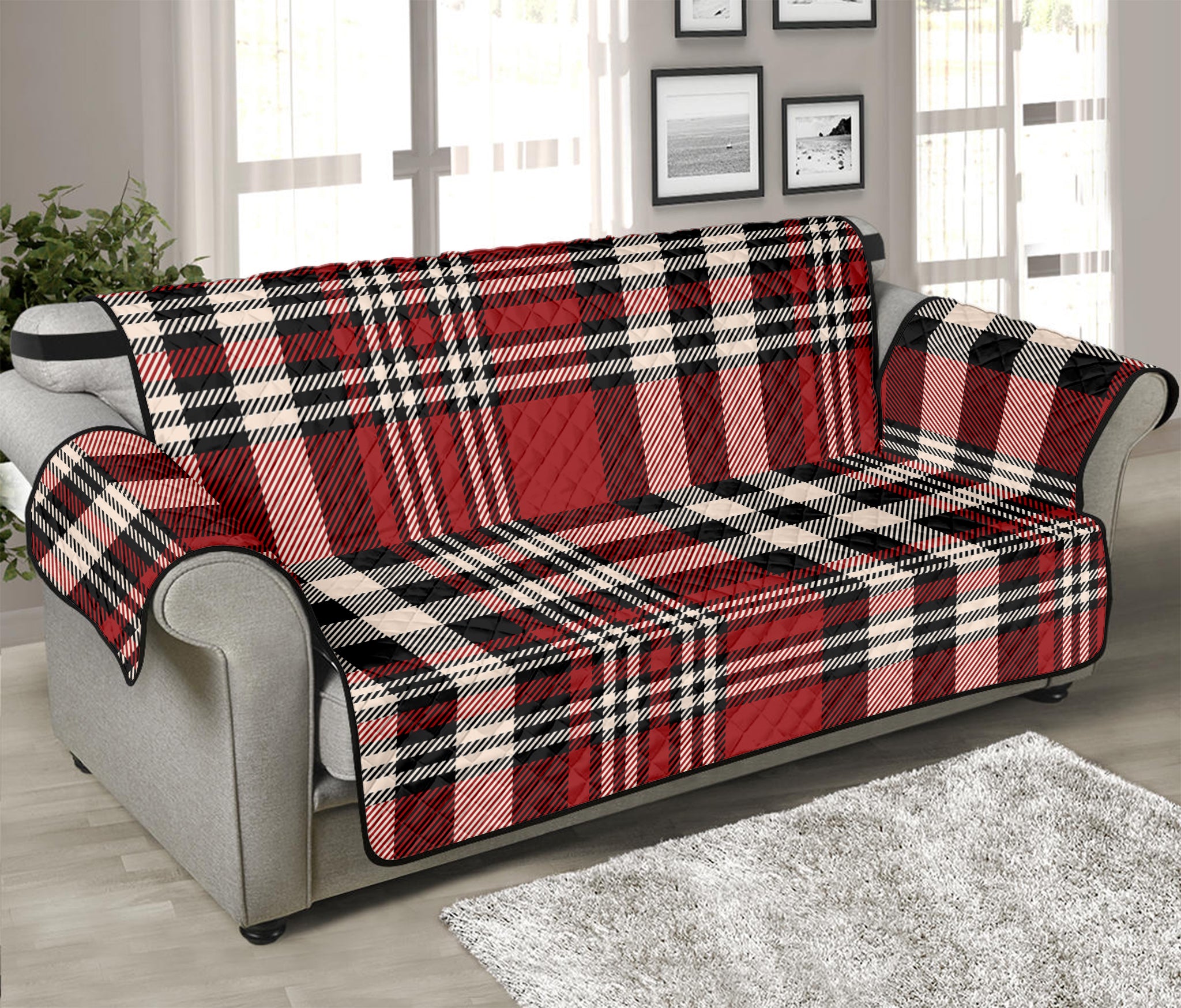 Red Black And White Border Tartan Print Sofa Protector