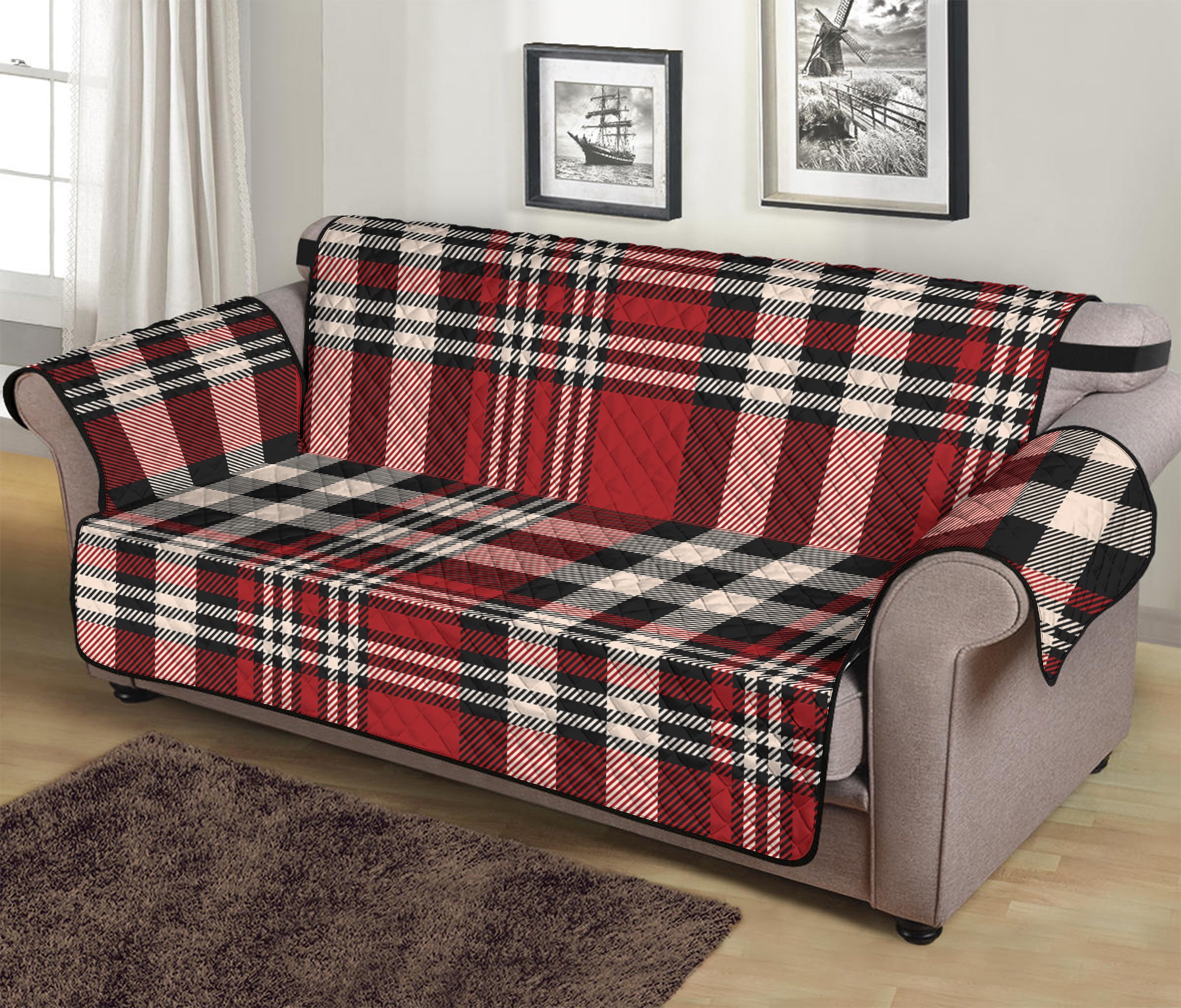 Red Black And White Border Tartan Print Sofa Protector