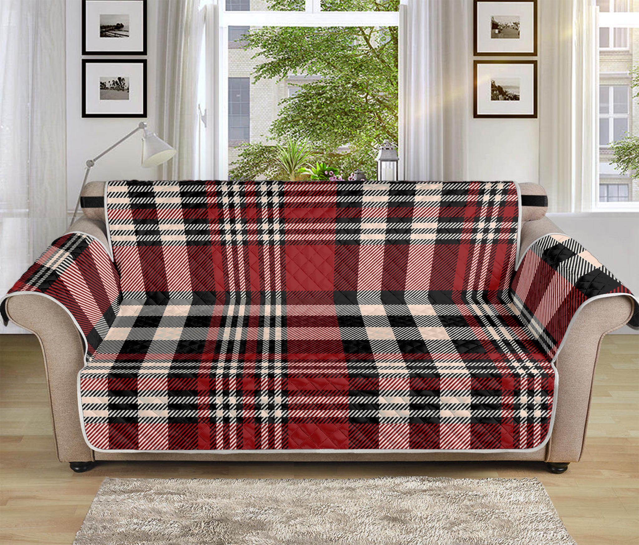 Red Black And White Border Tartan Print Sofa Protector