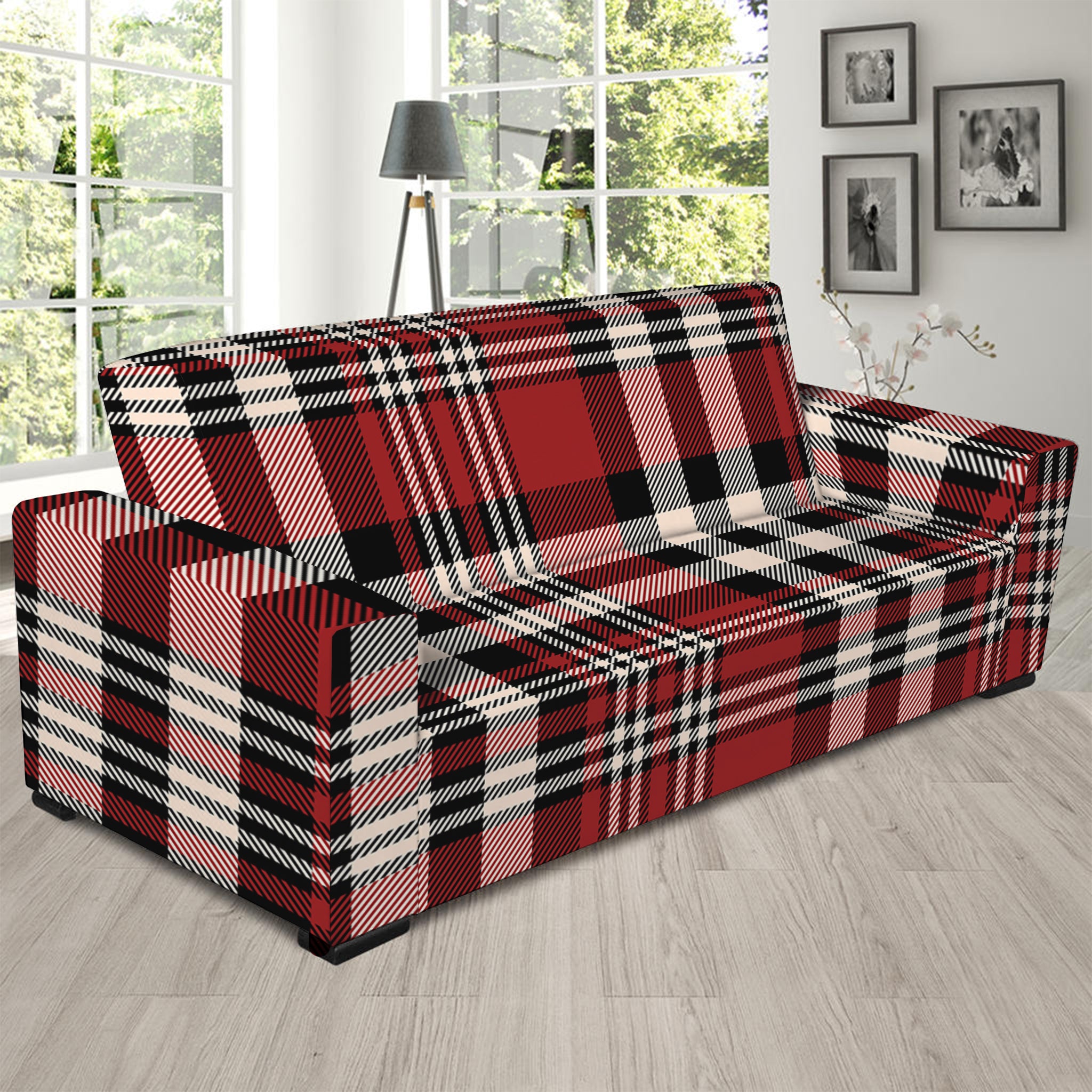 Red Black And White Border Tartan Print Sofa Slipcover