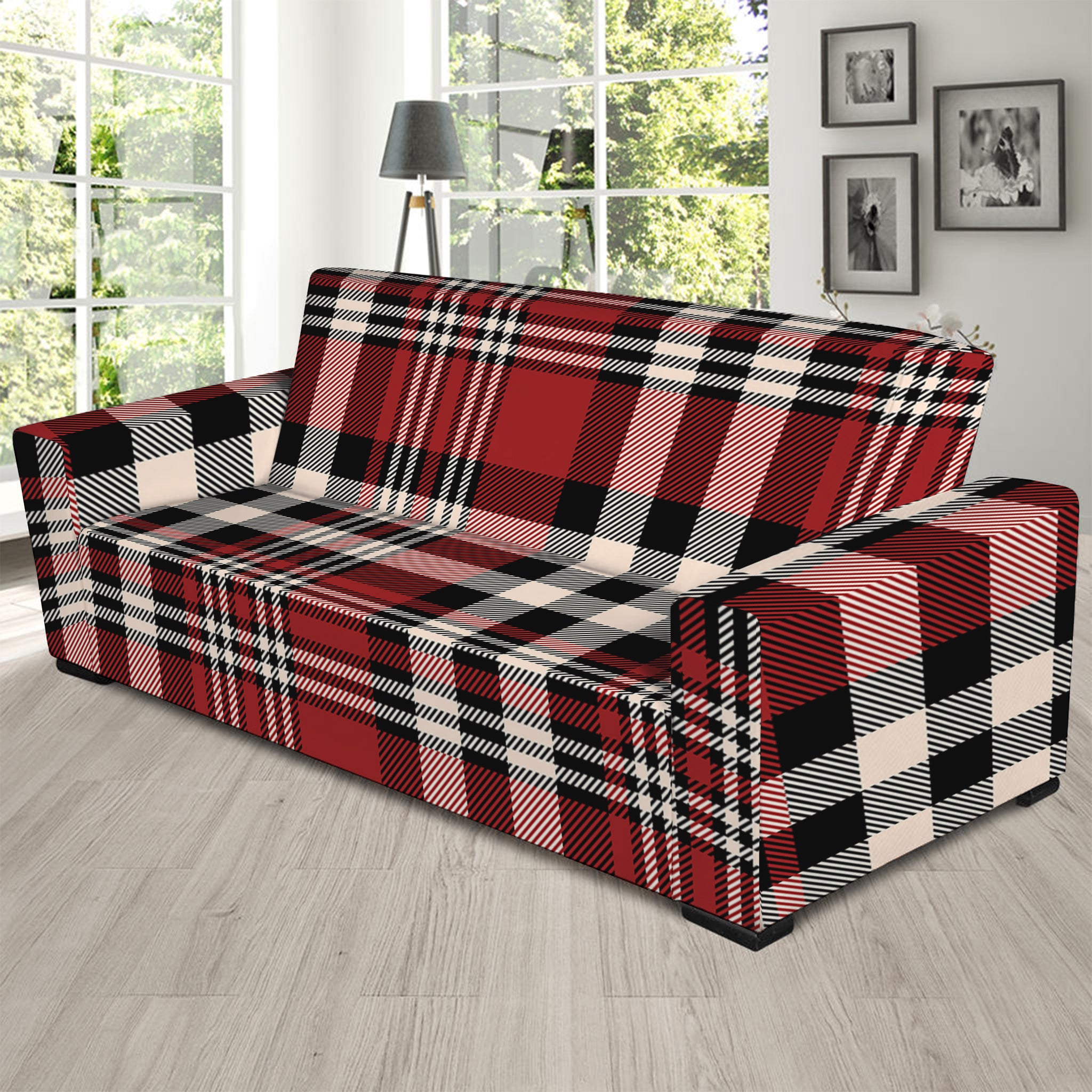 Red Black And White Border Tartan Print Sofa Slipcover