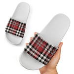 Red Black And White Border Tartan Print White Slide Sandals