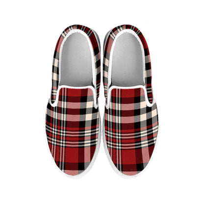 Red Black And White Border Tartan Print White Slip On Shoes