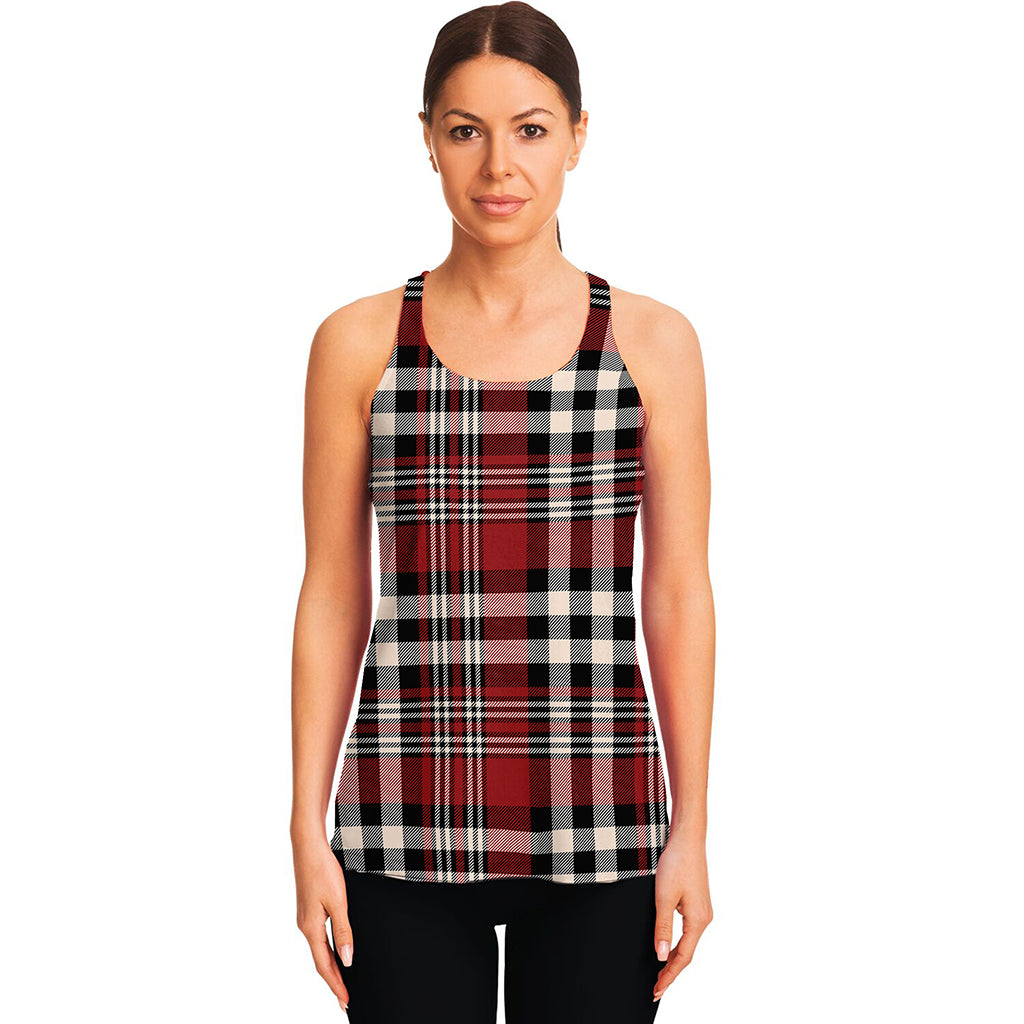 Red Black And White Border Tartan Print Women's Racerback Tank Top