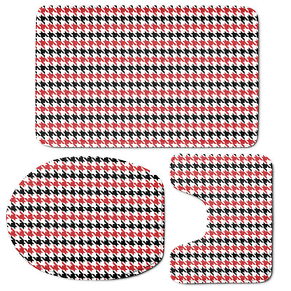 Red Black And White Houndstooth Print 3 Piece Bath Mat Set