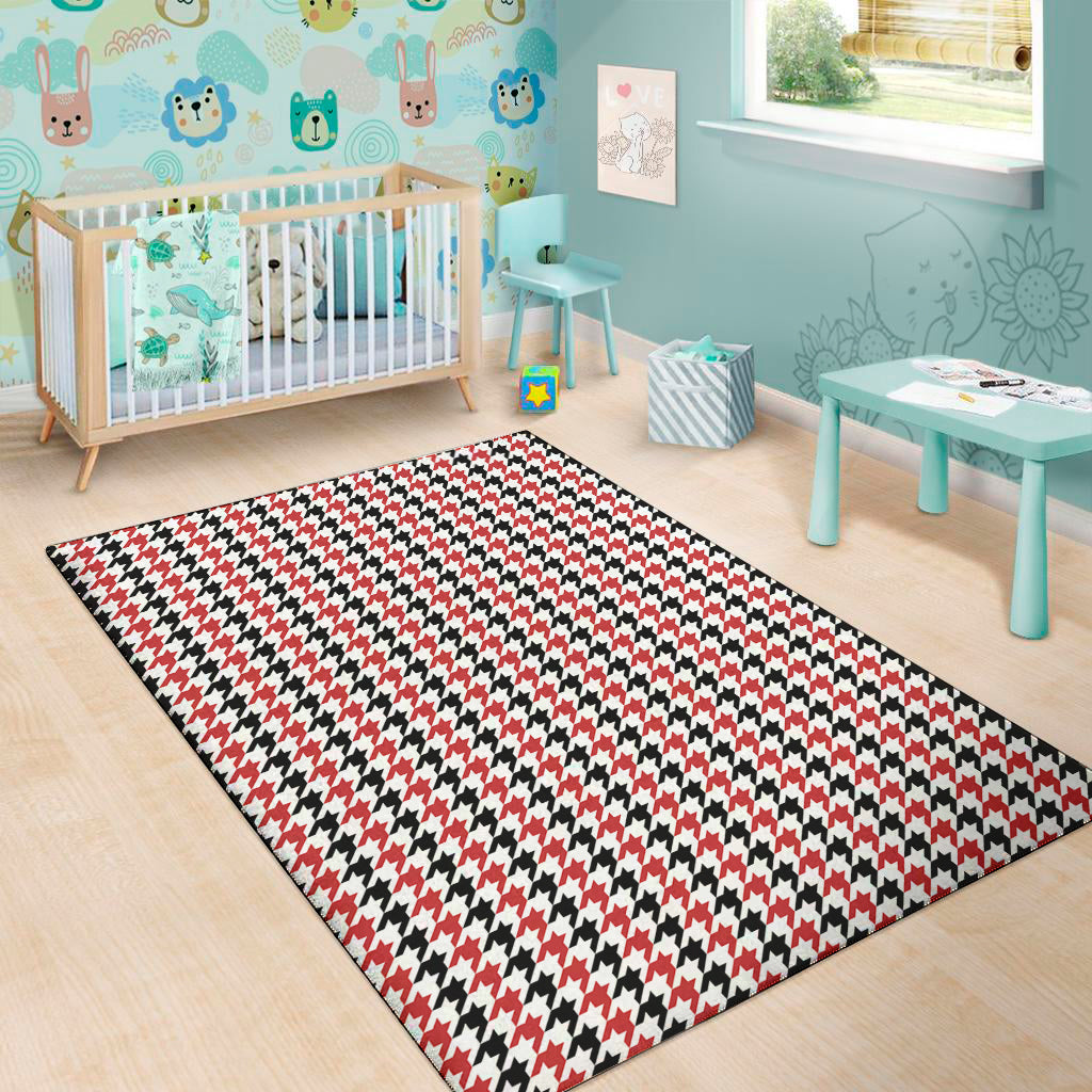 Red Black And White Houndstooth Print Area Rug