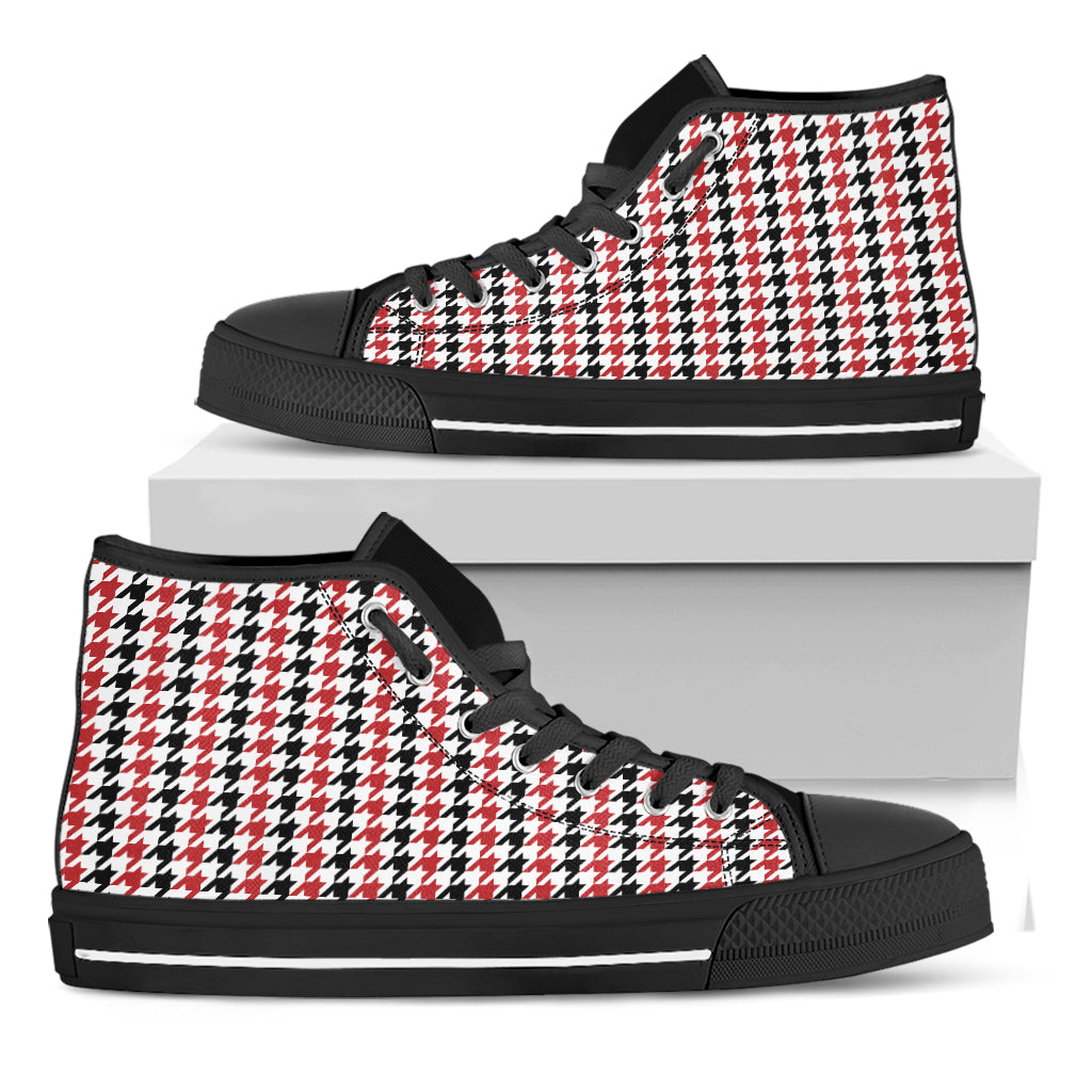 Red Black And White Houndstooth Print Black High Top Shoes