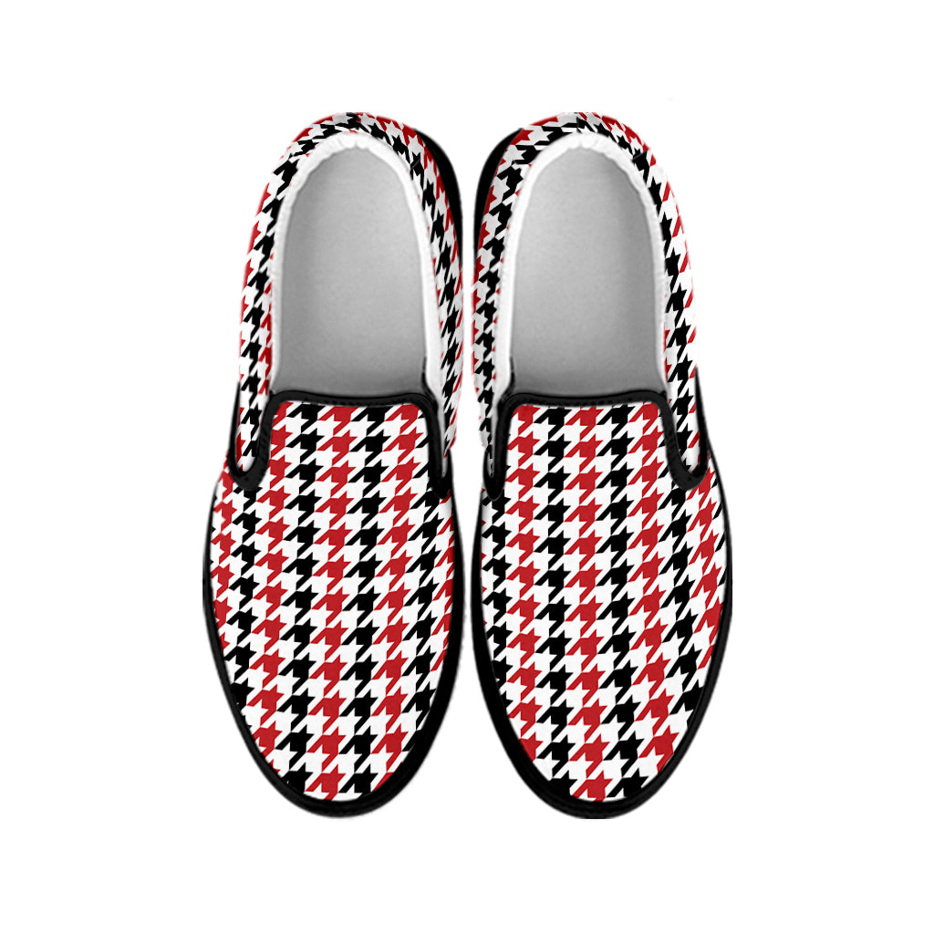 Red Black And White Houndstooth Print Black Slip On Shoes