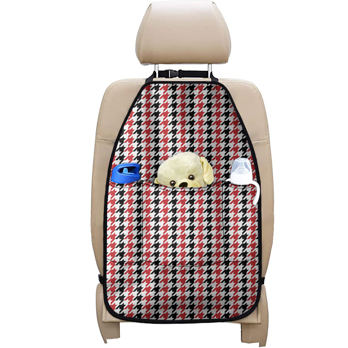 Red Black And White Houndstooth Print Car Seat Organizers
