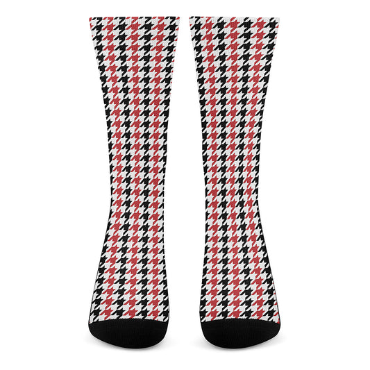 Red Black And White Houndstooth Print Crew Socks