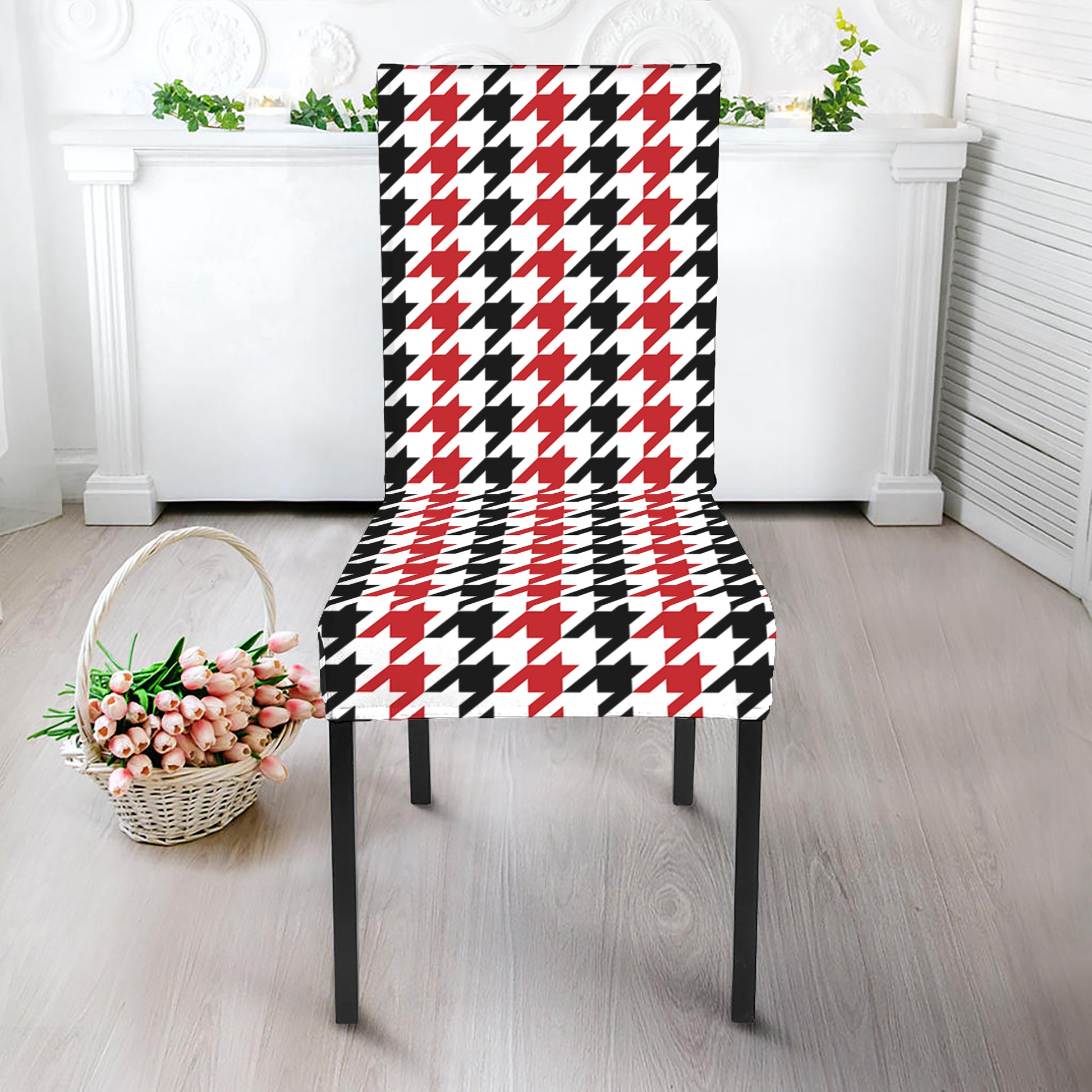 Red Black And White Houndstooth Print Dining Chair Slipcover