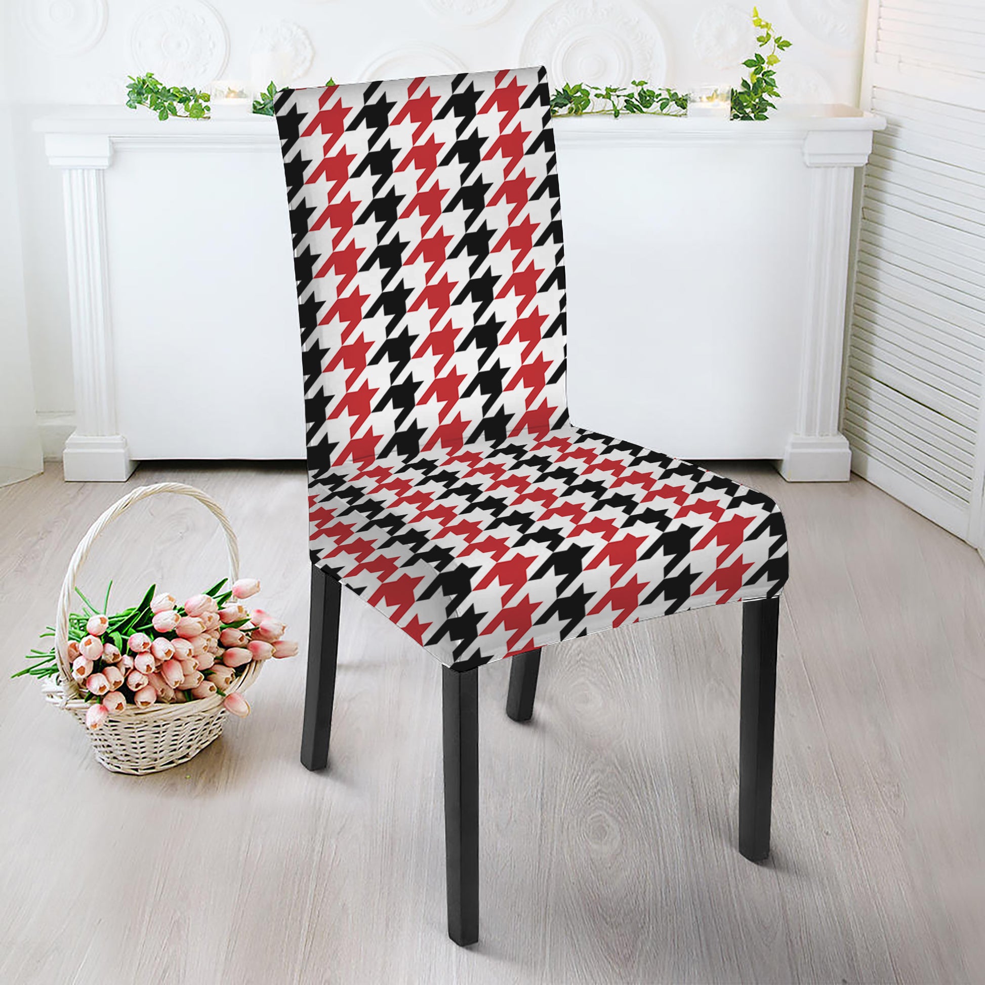 Red Black And White Houndstooth Print Dining Chair Slipcover