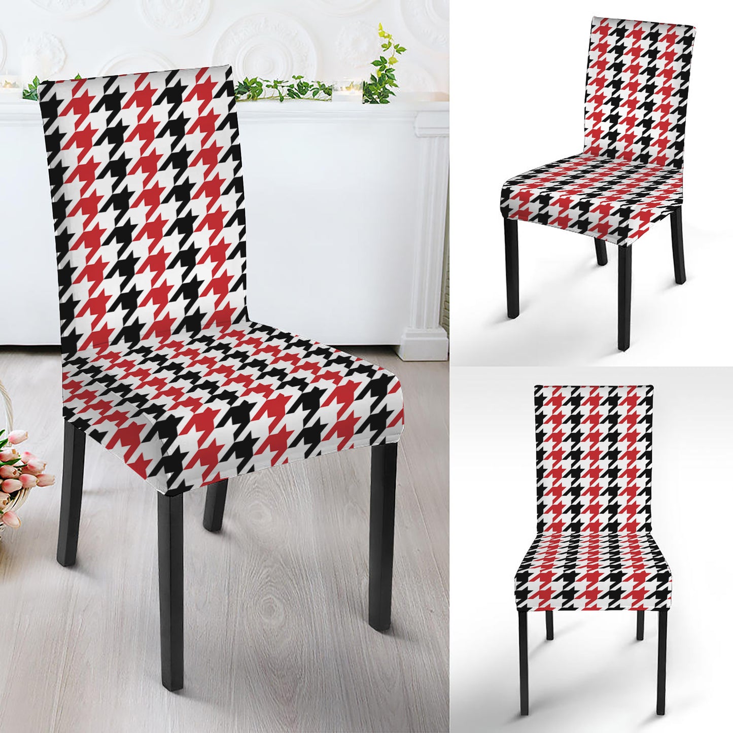 Red Black And White Houndstooth Print Dining Chair Slipcover