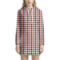 Red Black And White Houndstooth Print Pullover Hoodie Dress