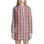 Red Black And White Houndstooth Print Hoodie Dress