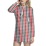 Red Black And White Houndstooth Print Hoodie Dress