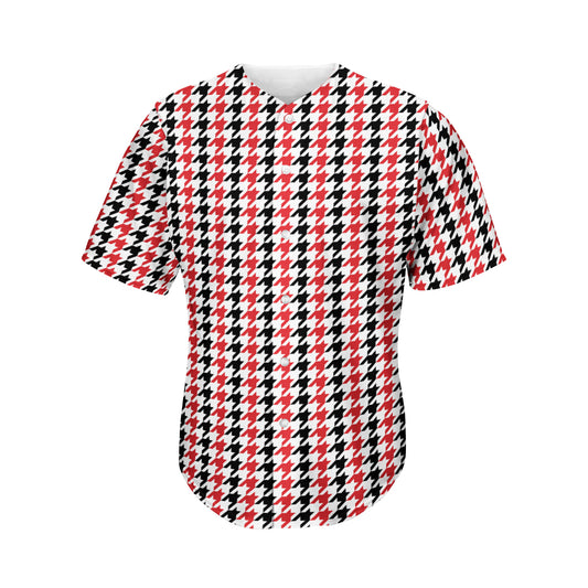 Red Black And White Houndstooth Print Men's Baseball Jersey