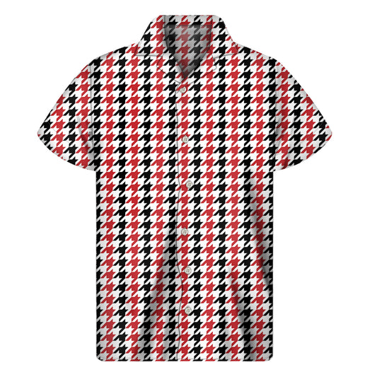 Red Black And White Houndstooth Print Men's Short Sleeve Shirt