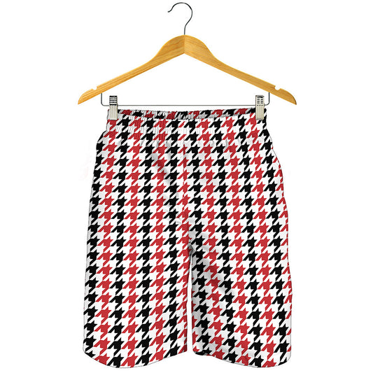 Red Black And White Houndstooth Print Men's Shorts