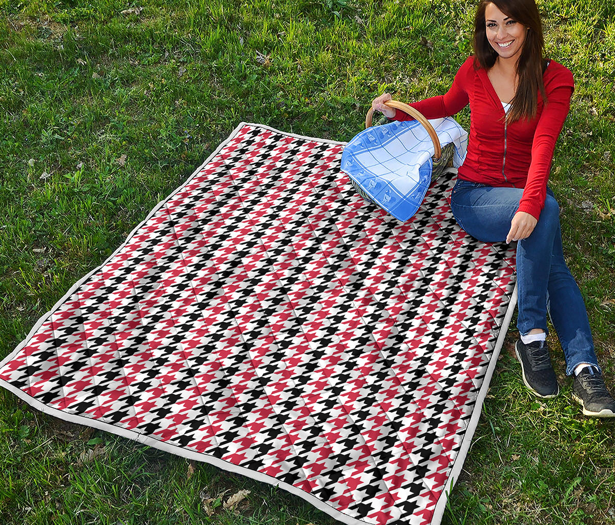 Red Black And White Houndstooth Print Quilt