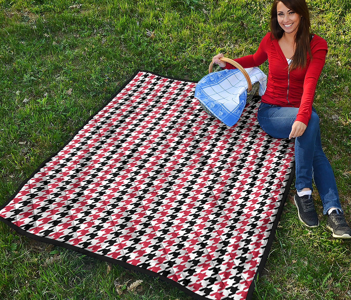 Red Black And White Houndstooth Print Quilt