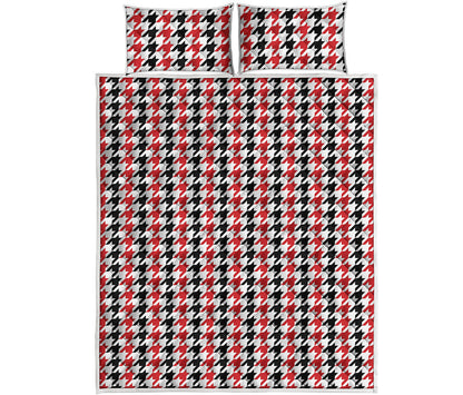 Red Black And White Houndstooth Print Quilt Bed Set