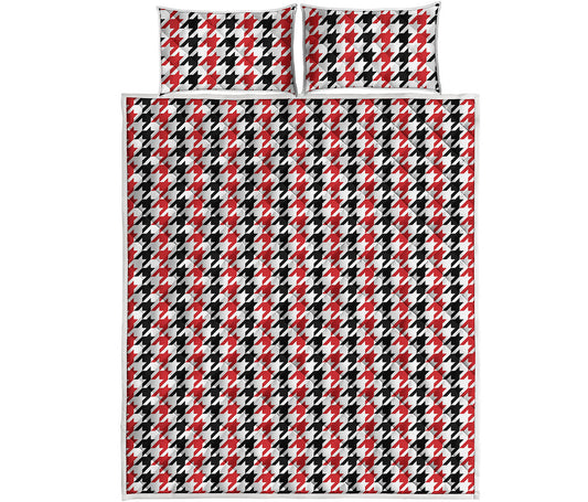 Red Black And White Houndstooth Print Quilt Bed Set