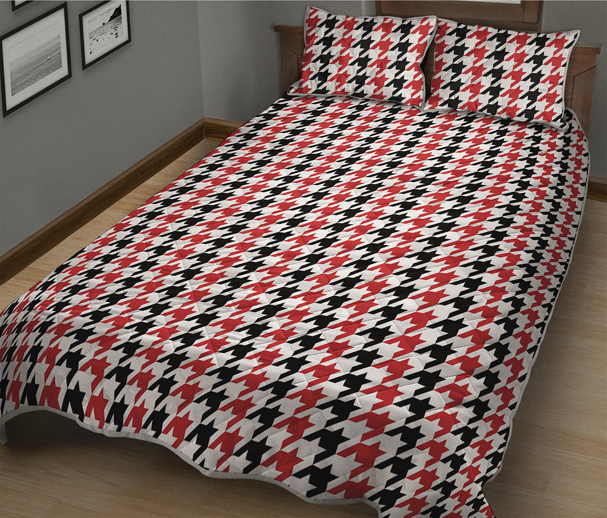 Red Black And White Houndstooth Print Quilt Bed Set