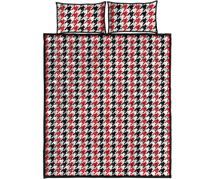 Red Black And White Houndstooth Print Quilt Bed Set