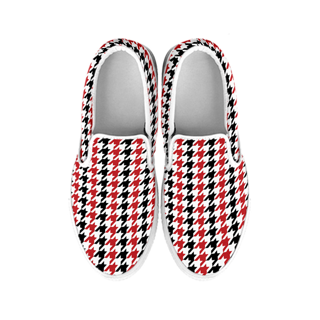 Red Black And White Houndstooth Print White Slip On Shoes