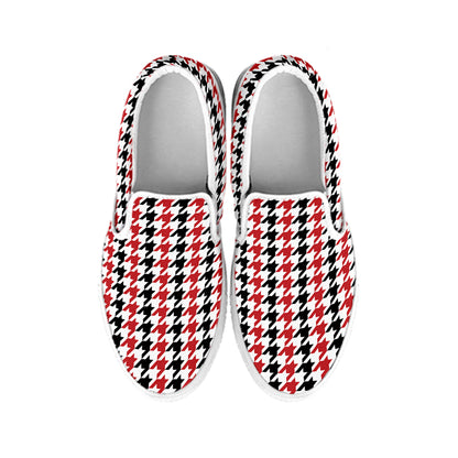 Red Black And White Houndstooth Print White Slip On Shoes