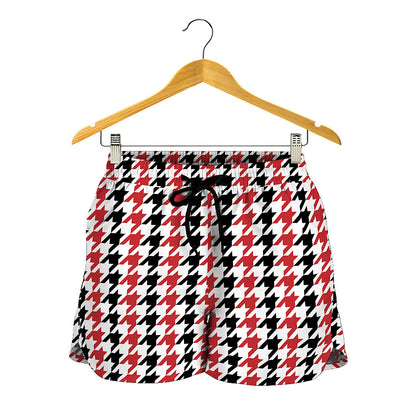 Red Black And White Houndstooth Print Women's Shorts