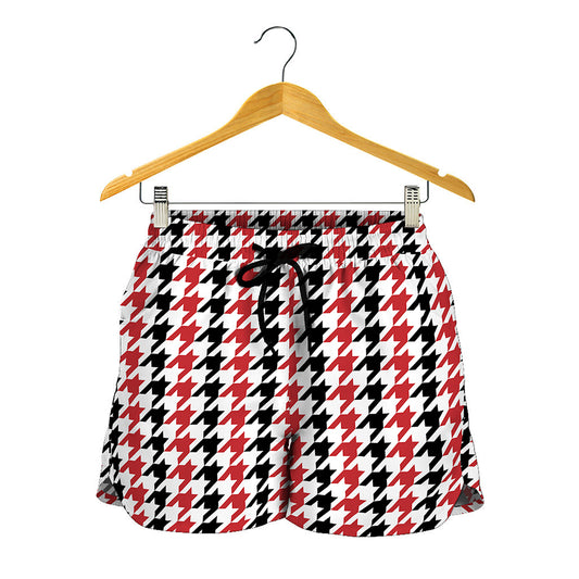 Red Black And White Houndstooth Print Women's Shorts