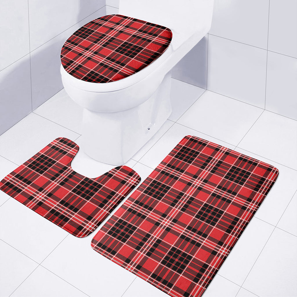 Red Black And White Scottish Plaid Print 3 Piece Bath Mat Set