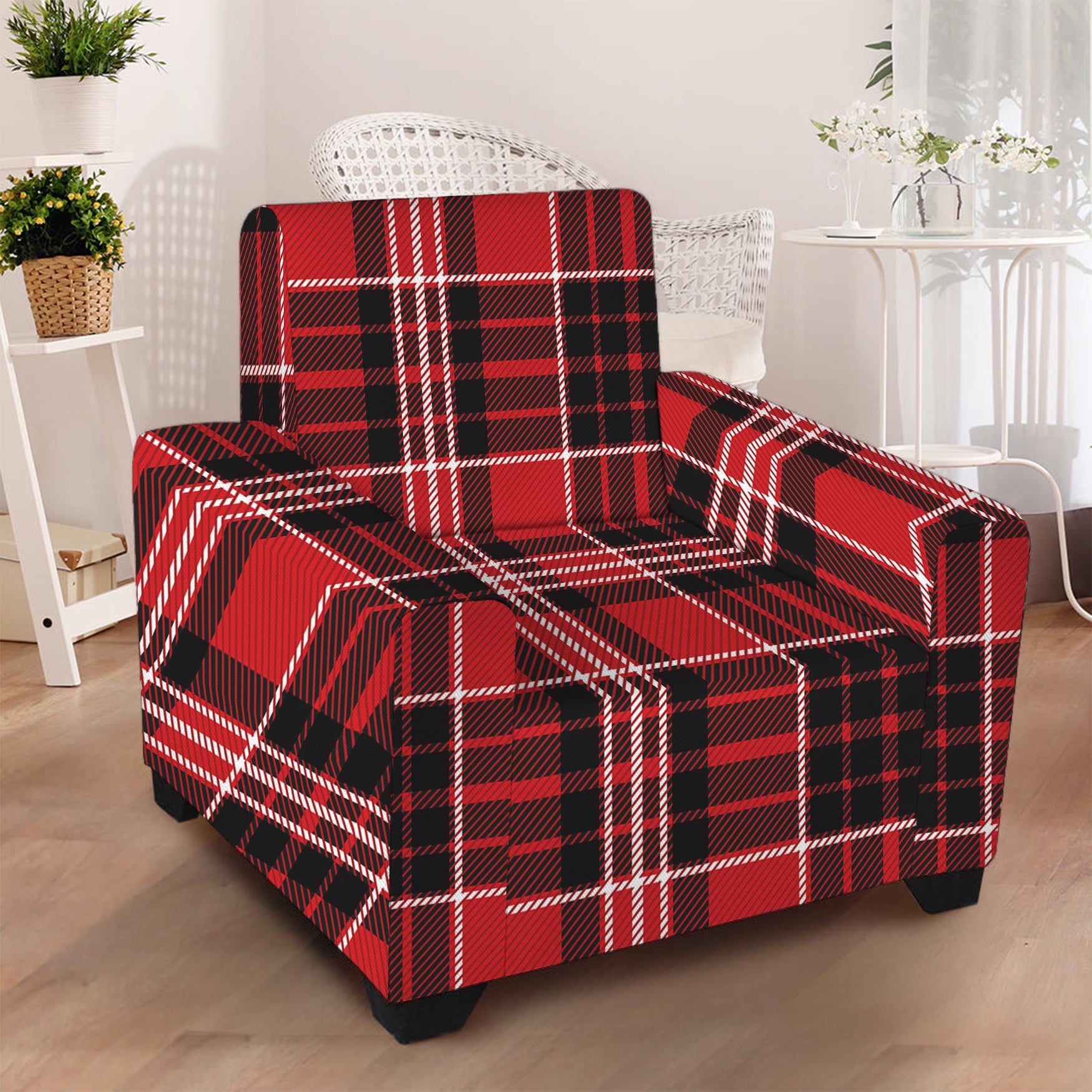 Red Black And White Scottish Plaid Print Armchair Slipcover