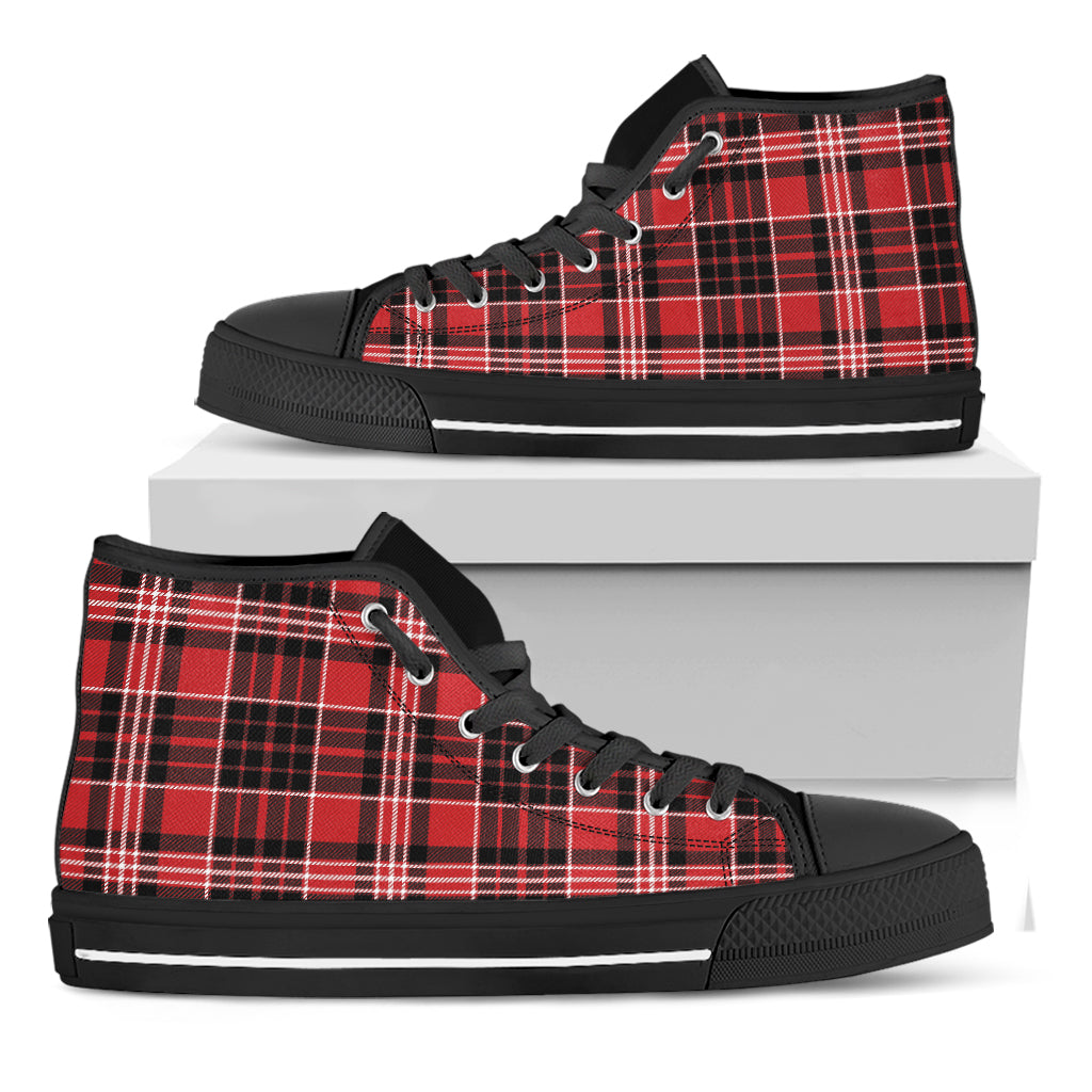 Red Black And White Scottish Plaid Print Black High Top Shoes