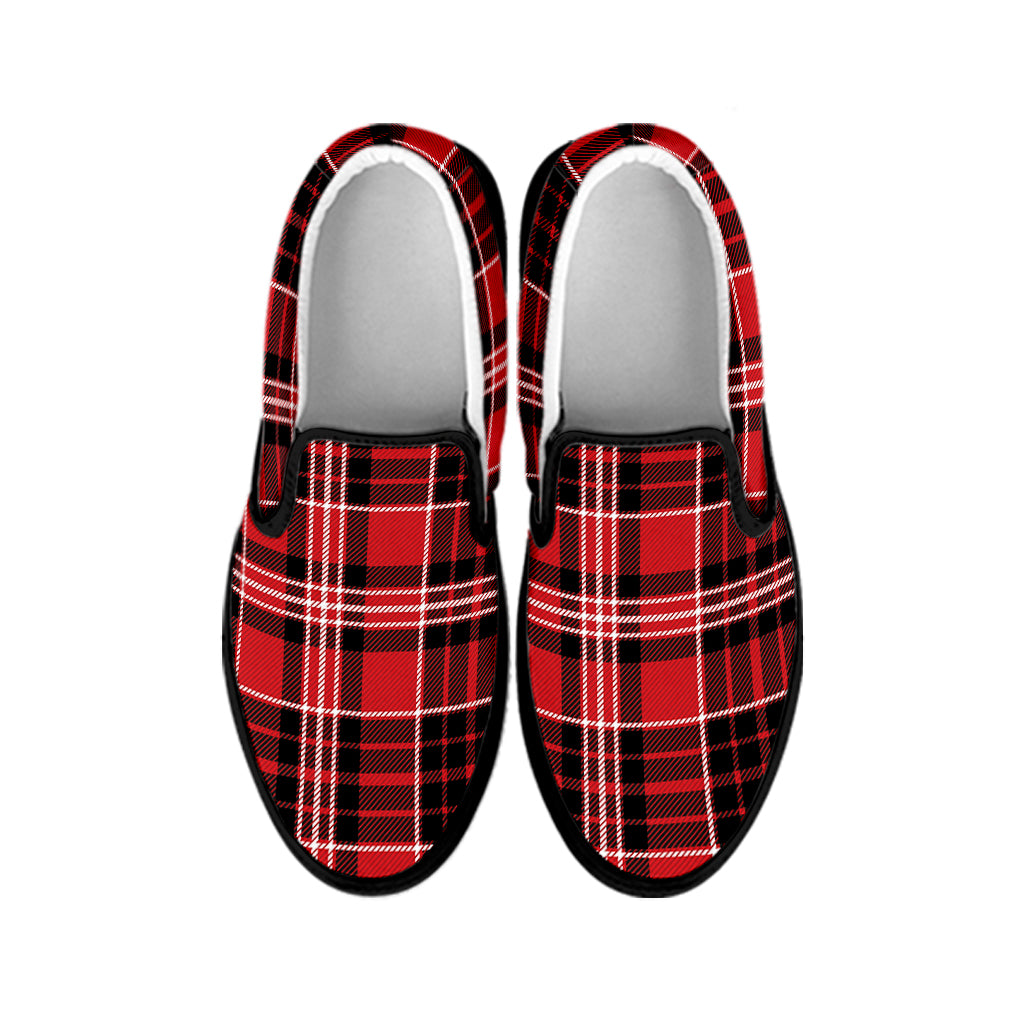 Red Black And White Scottish Plaid Print Black Slip On Shoes