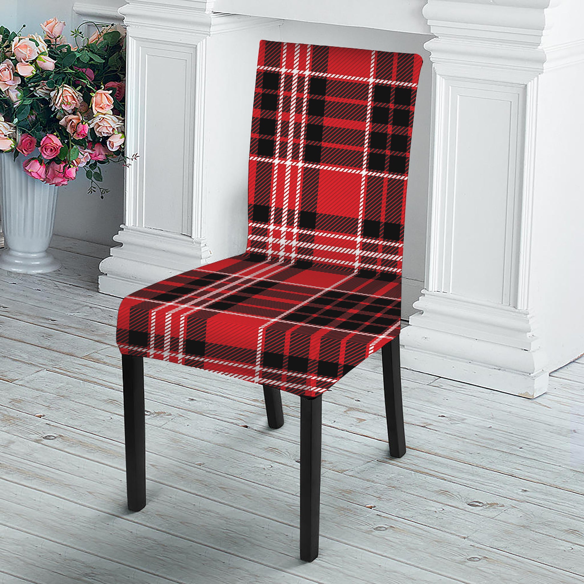 Red Black And White Scottish Plaid Print Dining Chair Slipcover